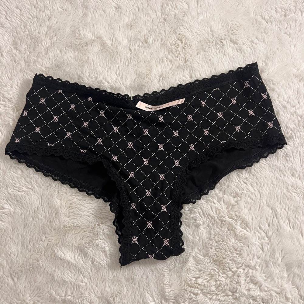 Victoria's Secret Black Pink Logo Lattice Lace Trim Cheeky Panty L NWT Intimates